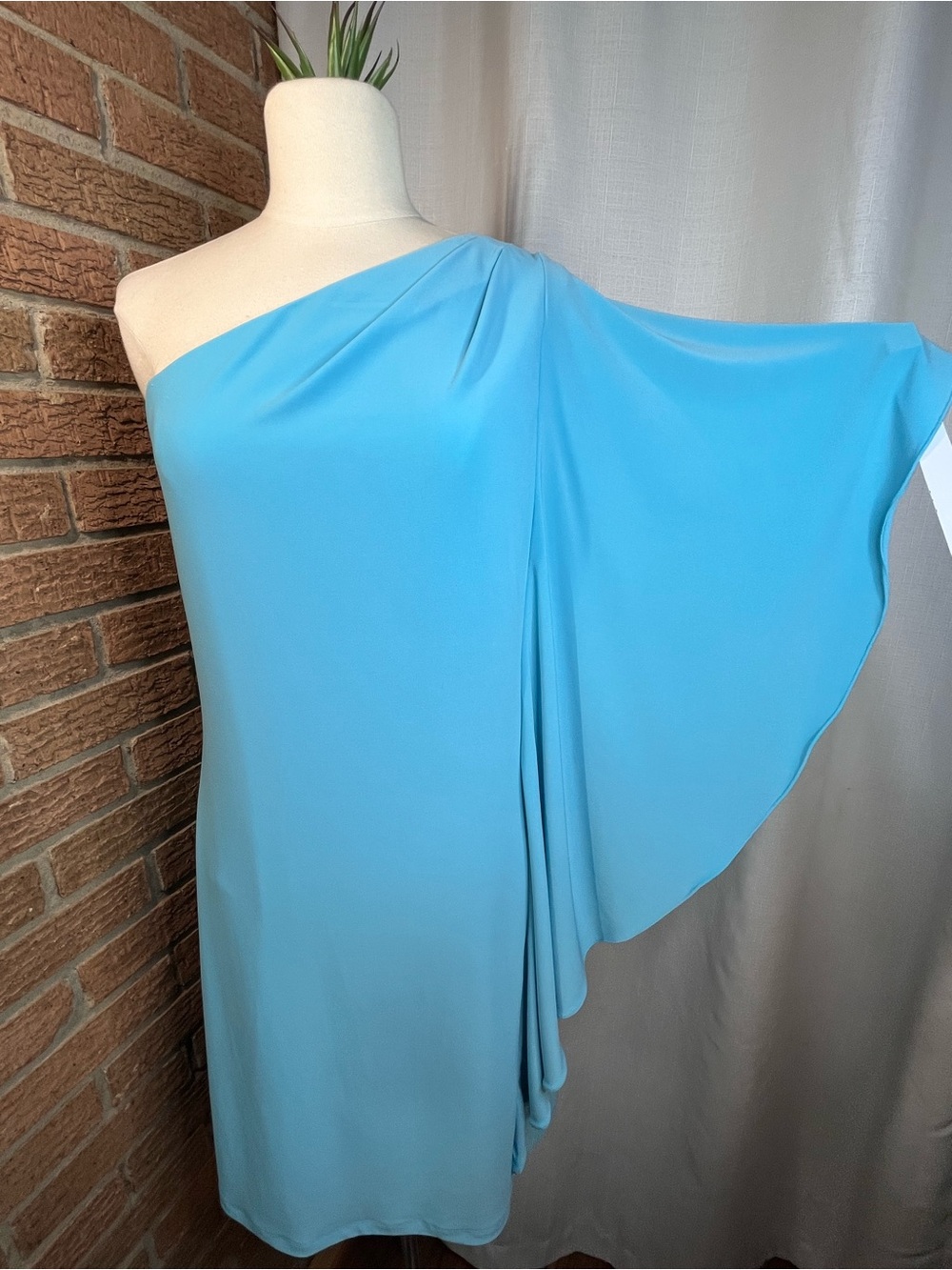 Boston Proper Turquoise Blue One Shoulder Ruffle Sleeve Tunic Dress Size 10